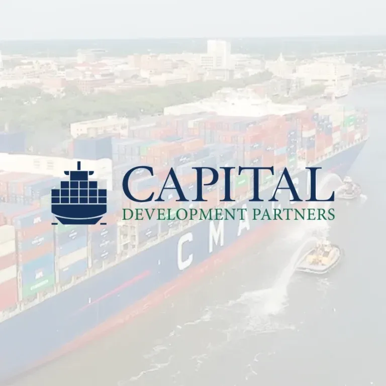 Capital Development Partners logo over an aerial view of a shipping port