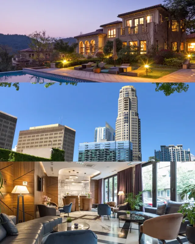 Commercial real estate work: a residential property at dusk, a downtown skyline, and an upscale interior lounge