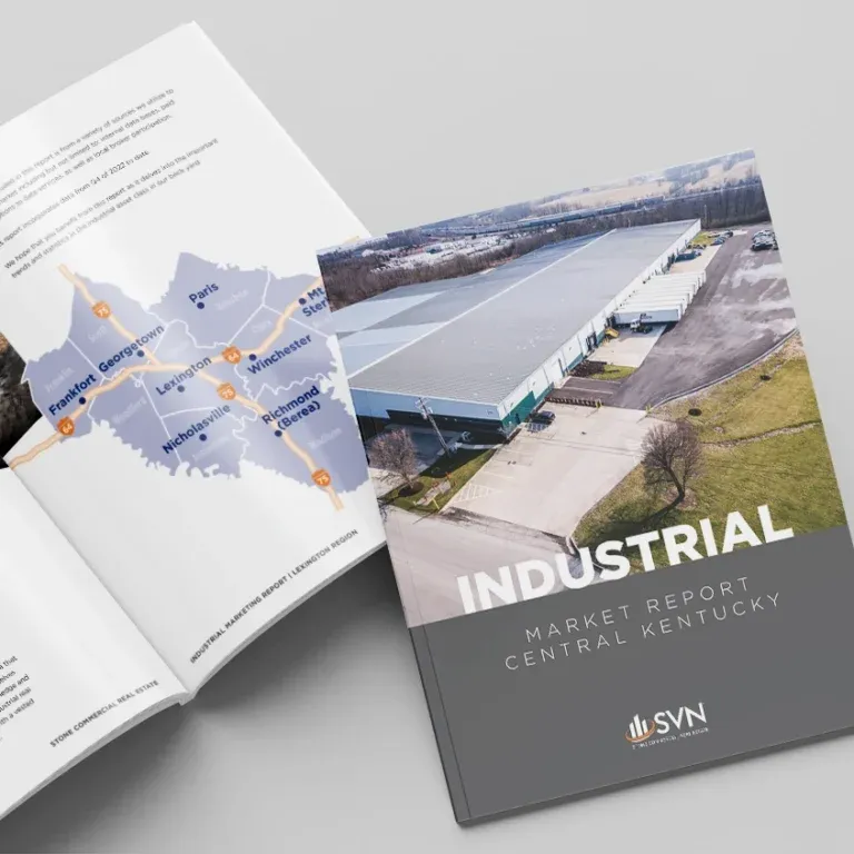 SVN Industrial Market Report, Central Kentucky — open booklet showing an industrial property and regional map